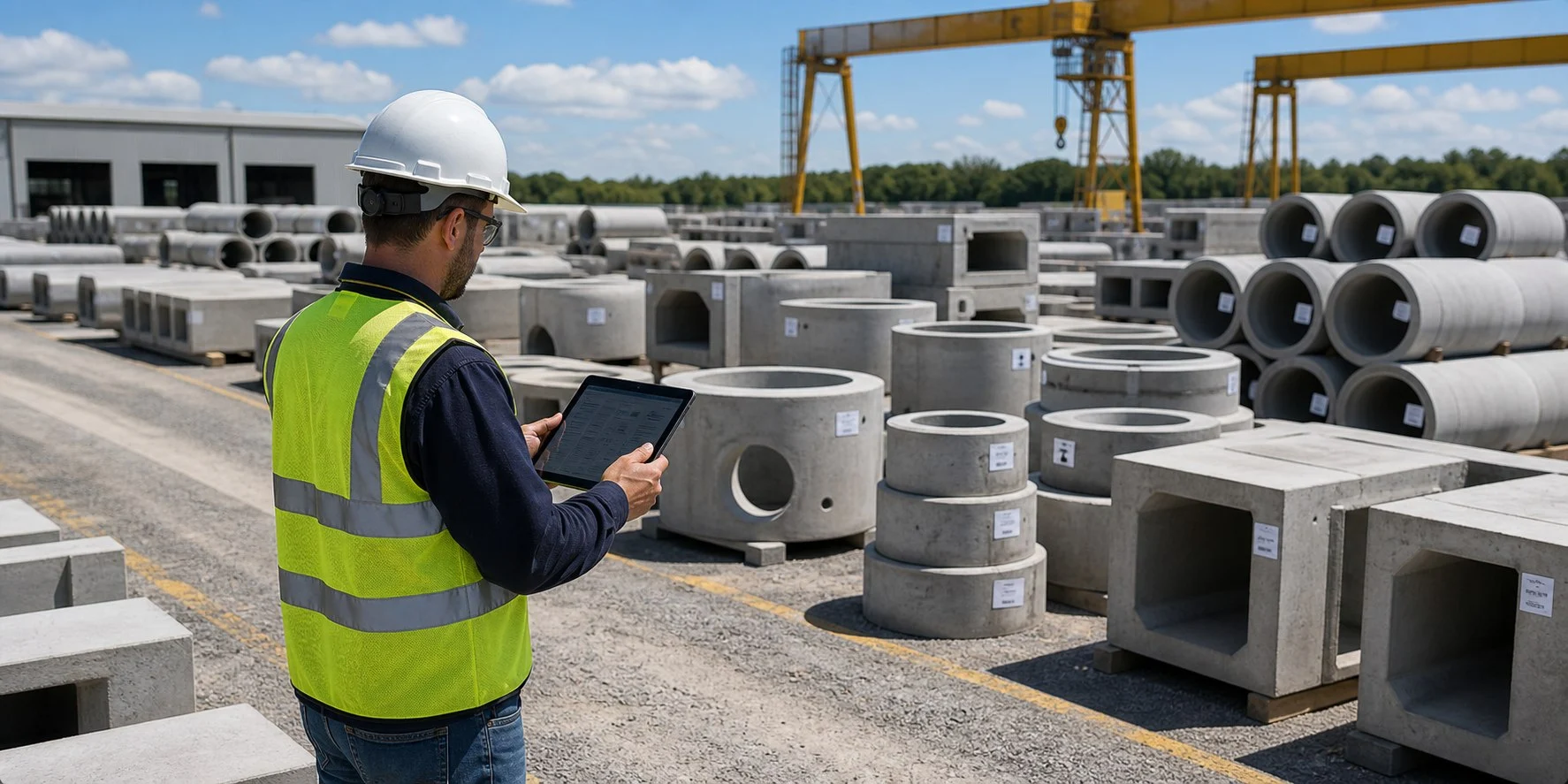 Precast yard worker reviewing organized concrete product inventory and product code categories on a tablet.