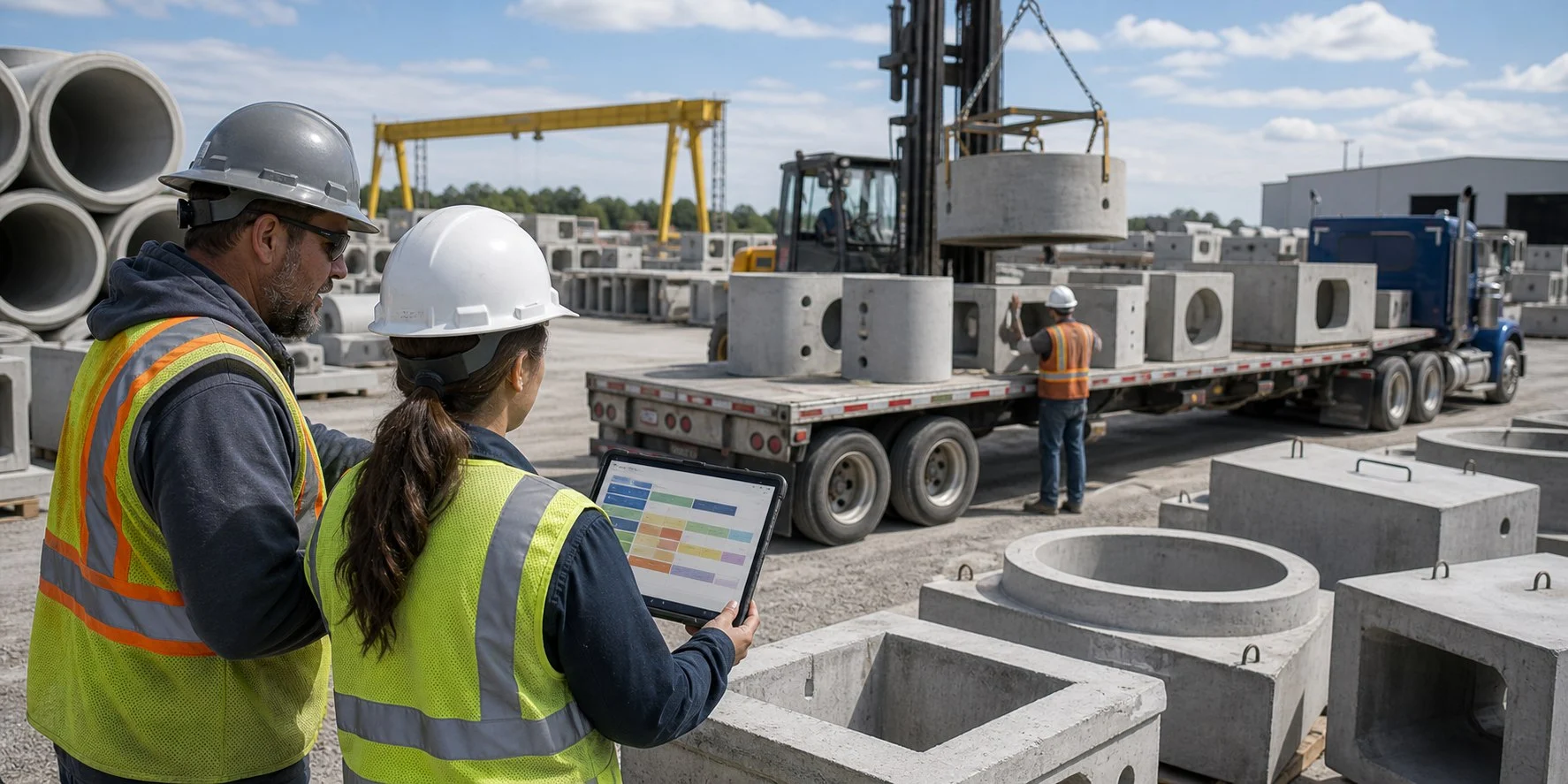 Dispatch and yard team reviewing workflow details beside precast products ready for delivery.