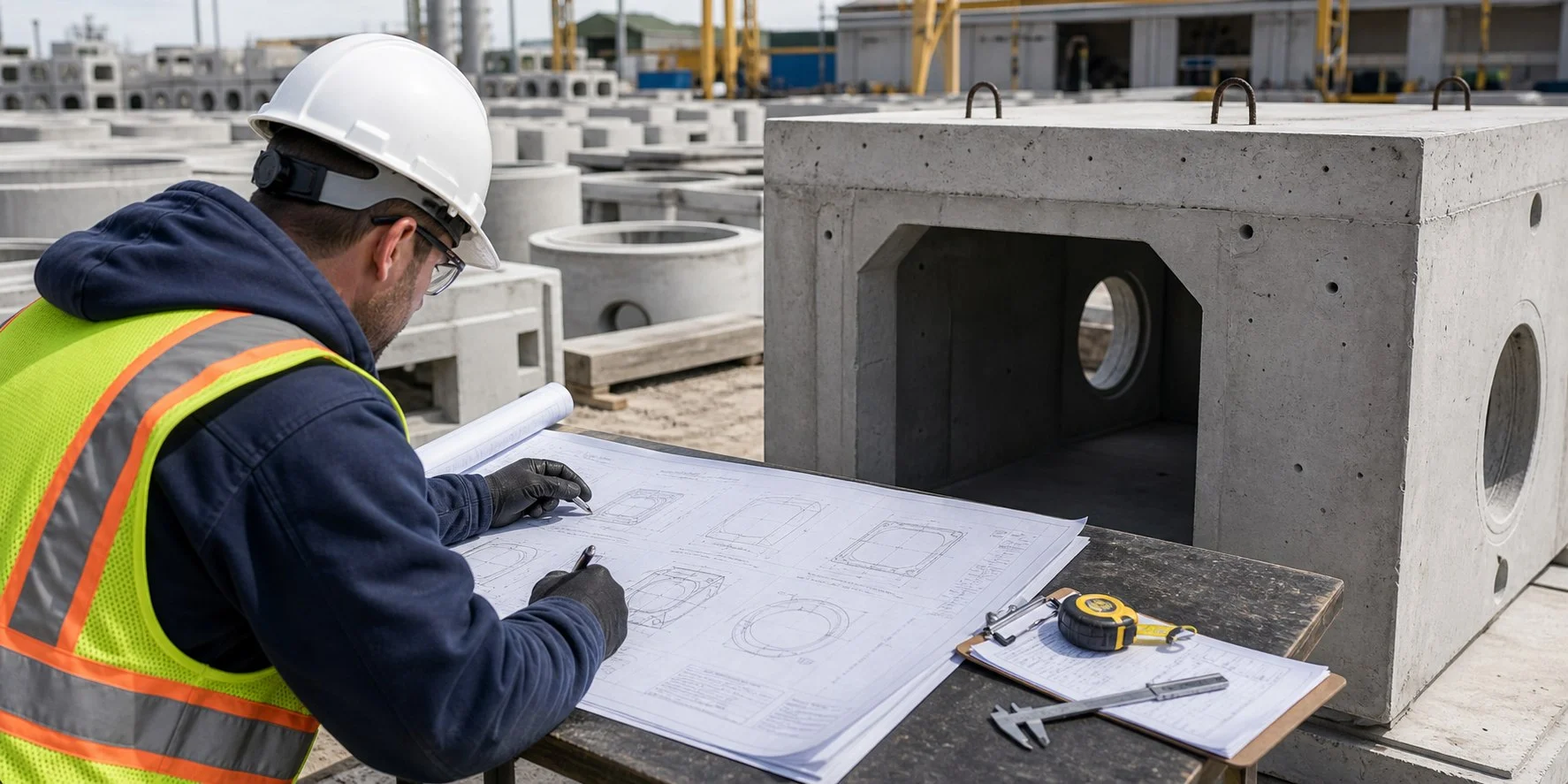 Precast technician reviewing production drawings beside finished concrete structures in the yard.