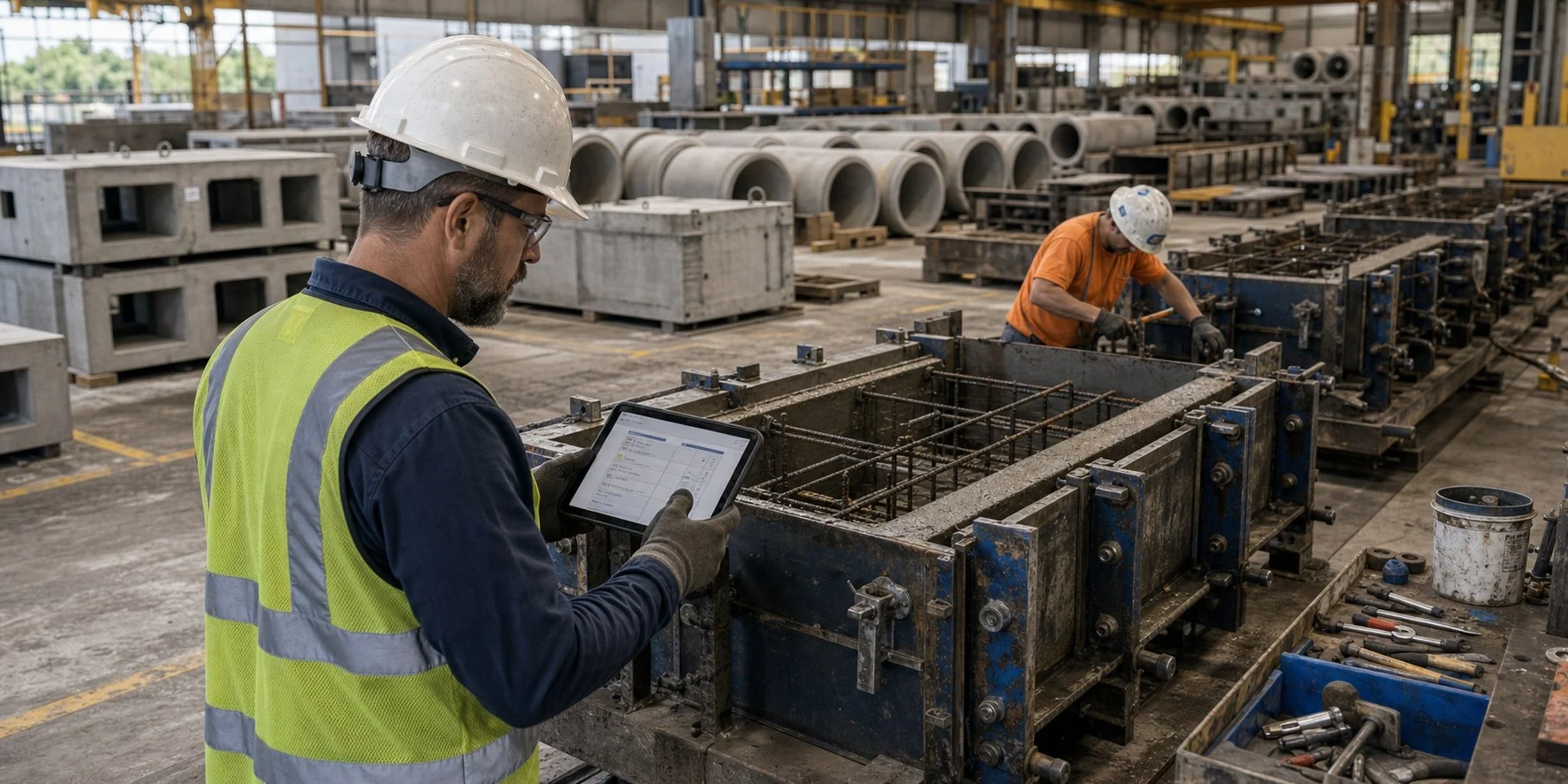 Precast operations manager reviewing maintenance information near concrete production forms.