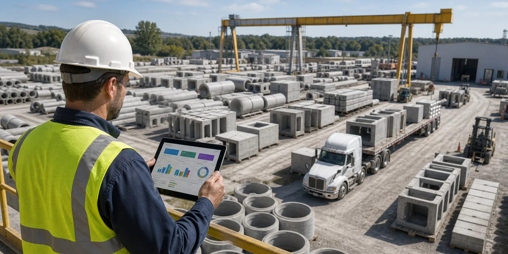 Operations manager reviewing generic reporting dashboards from a precast concrete yard overview.