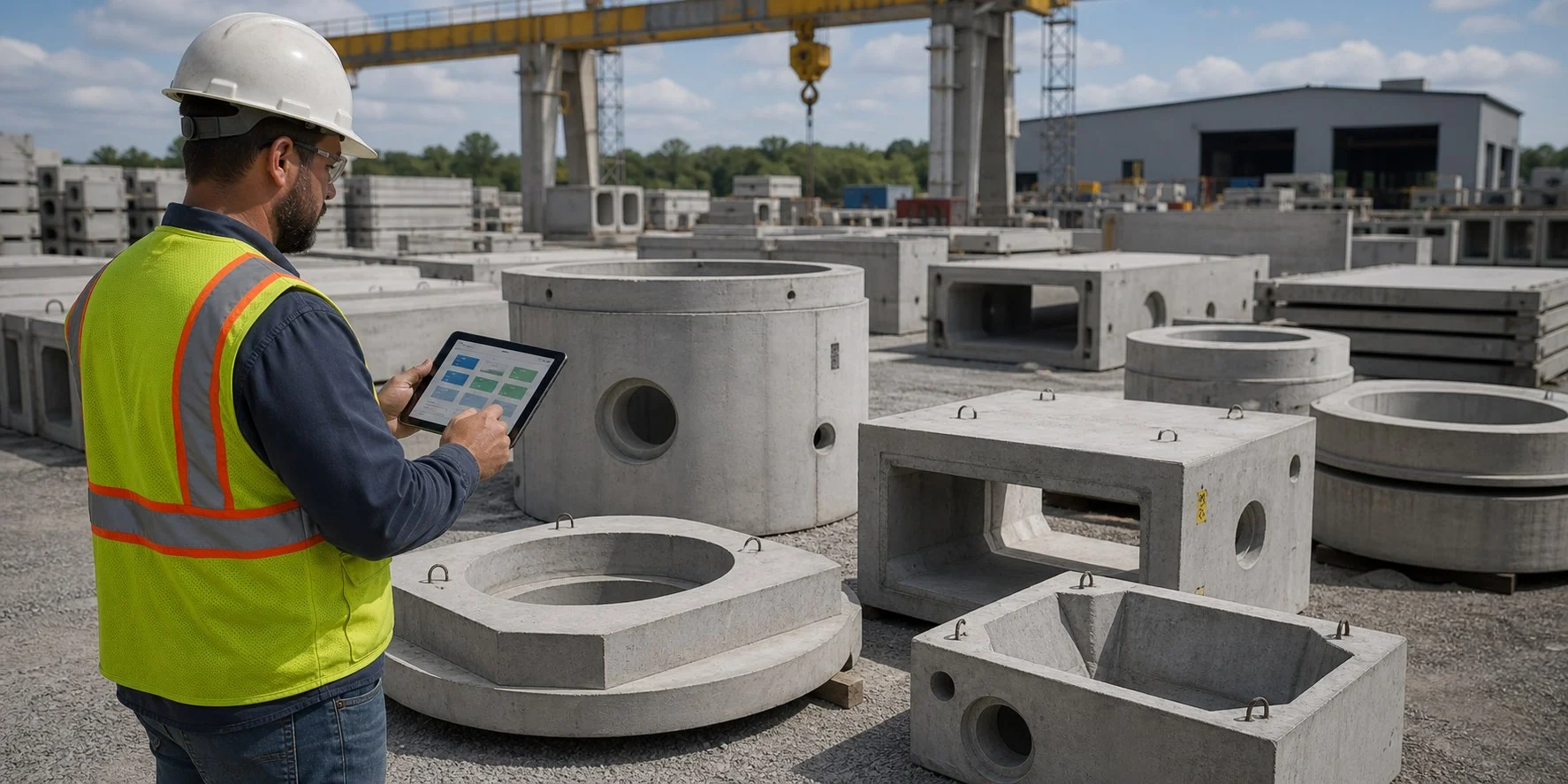 Precast yard worker reviewing related concrete structures and staged components for Titan Auto Build planning.