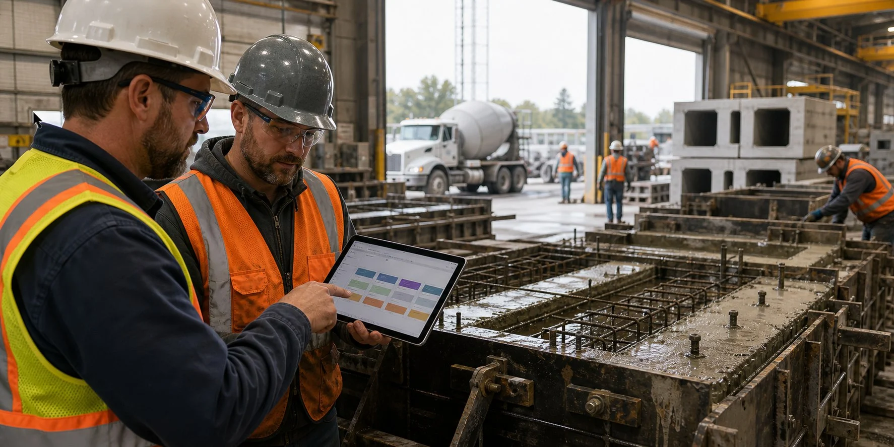 visual-estimator-setup-precast-concrete photo Estimator and plant supervisor reviewing precast production details on a tablet beside concrete forms.