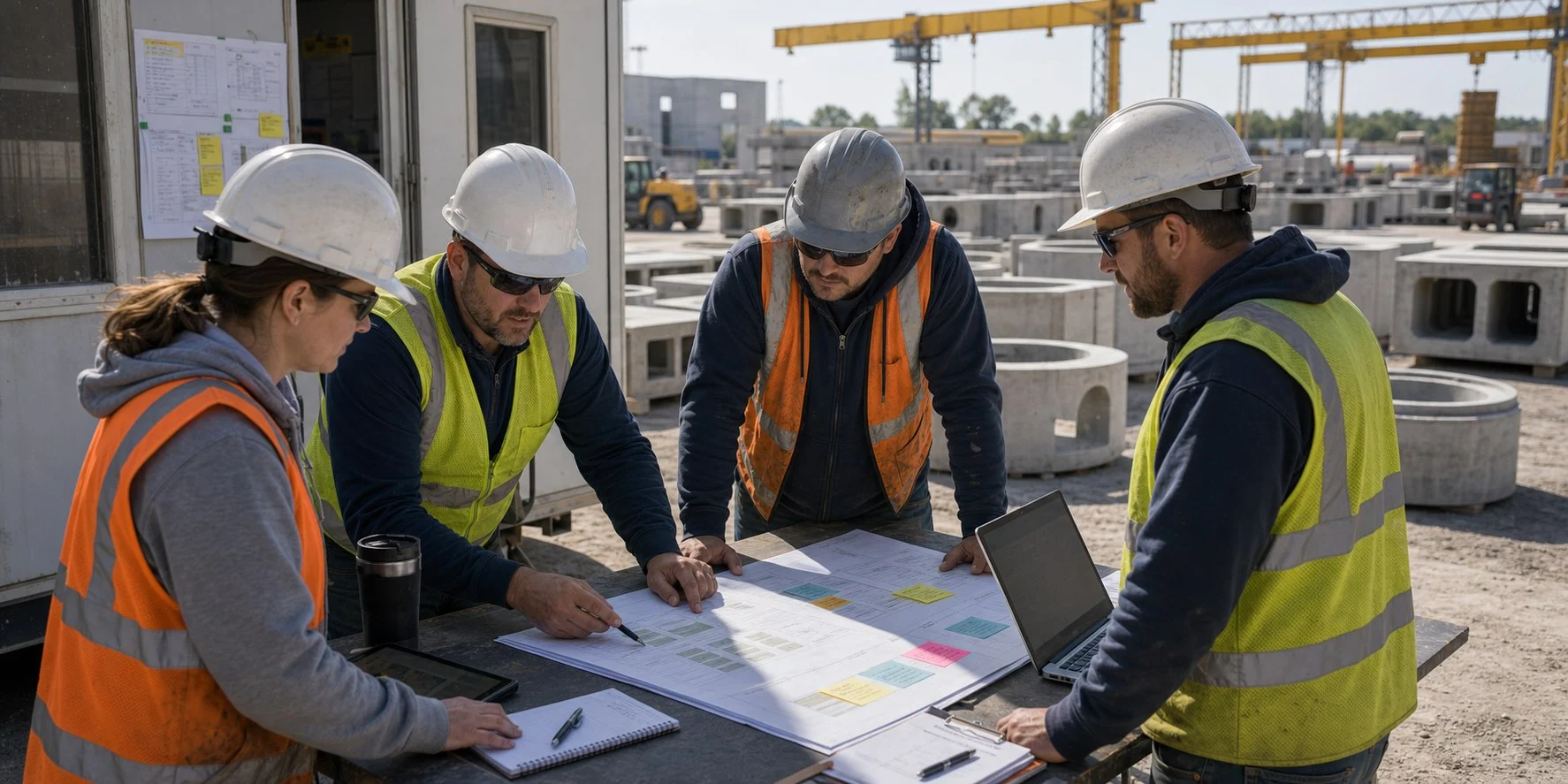 Precast team planning a Titan VT3000 transition outdoors beside staged concrete products.